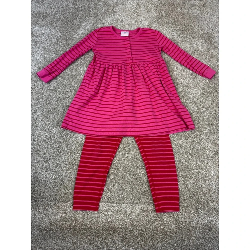 LOT Hanna Andersson Girls Dress Pink Red Striped Leggings 110 5T Scandi Play